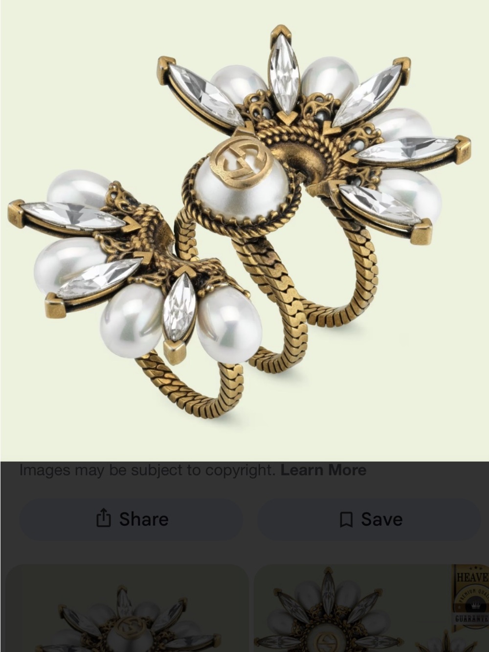 Gucci Gold-Tone Double Flower Ring with White Pearls and Crystal Marquises - Picture 10 of 10